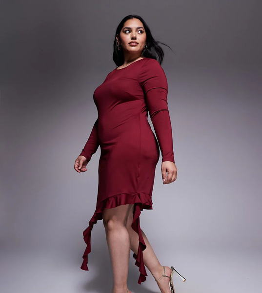  Renee Studio Double Sculpted Slinky Long Sleeve Asymmetric Ruffle Hem Drape Detail Mini Dress In Burgundy-red 