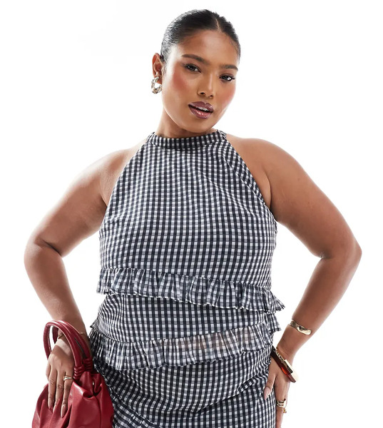  Renee Studio Plus Exclusive Asymmetric Ruffle Sleeveless Halterneck Top In Gray Plaid - Part Of A Set-multi 