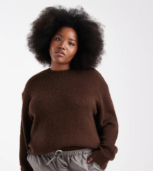  Renee Studio Plus Exclusive Fluffy Knit Oversized Drop Shoulder Crew Neck Sweater In Chocolate-brown 