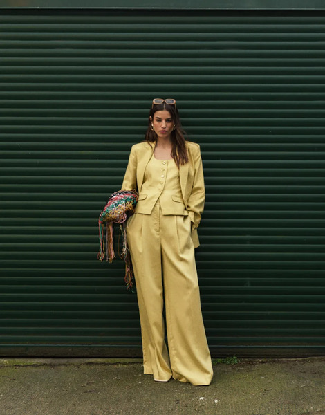  Topshop Premium Wedding Guest Occasion Tailored Pleated Wide Leg Pants In Buttermilk - Part Of A Set-yellow 