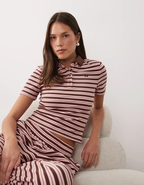 Wanderdoll Frankie Premium Jersey Short Sleeve Polo Top In Pink And Chocolate Stripes - Part Of A Set-multi 
