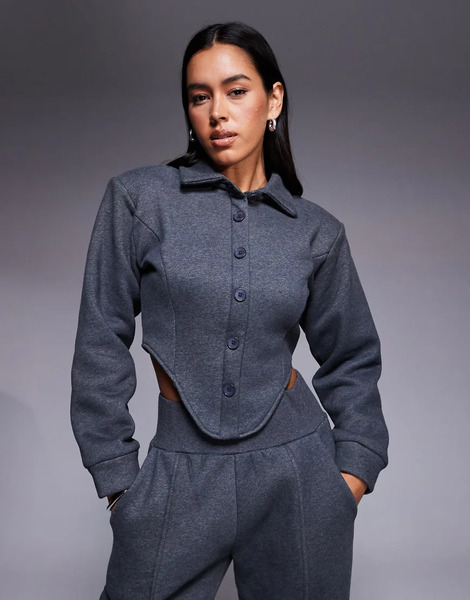  Wanderdoll Hattie Cotton Blend Tailored Collared Corset Detail Shirt In Charcoal - Part Of A Set-gray 