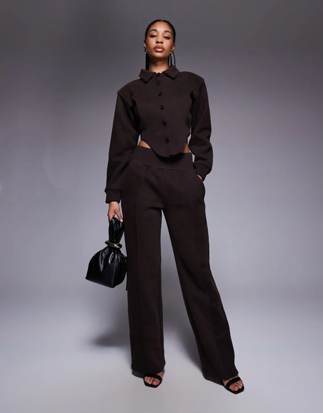  Wanderdoll Hattie Cotton Blend Tailored Wide Leg Seam Detail Pants In Chocolate - Part Of A Set-brown 