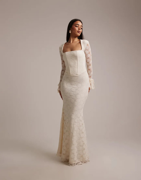  Wanderdoll Juliette Bridal Square Neck Corset Detailing Bow Tie Sleeve Lace Maxi Dress In Vanilla-white 