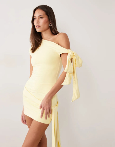 Wanderdoll Nelly Triple Layered Slinky Sculpted Tie Detail Off The Shoulder Mini Dress In Lemon-yellow 