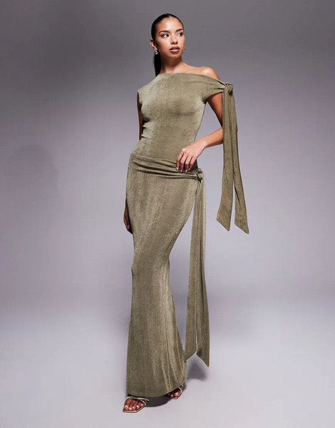  Wanderdoll Noa Premium Textured Slinky Drape Tie Side Maxi Skirt In Khaki Green - Part Of A Set-neutral 