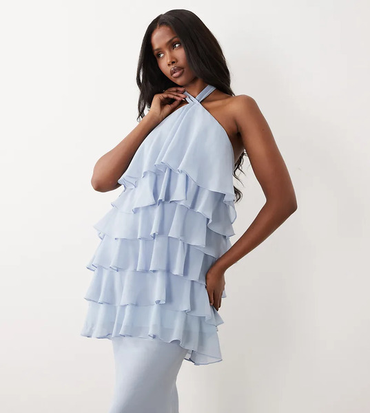  Wanderdoll Primrose Chiffon Halterneck Tiered Ruffle Detail Mini Dress In Powder Blue - Part Of A Set 