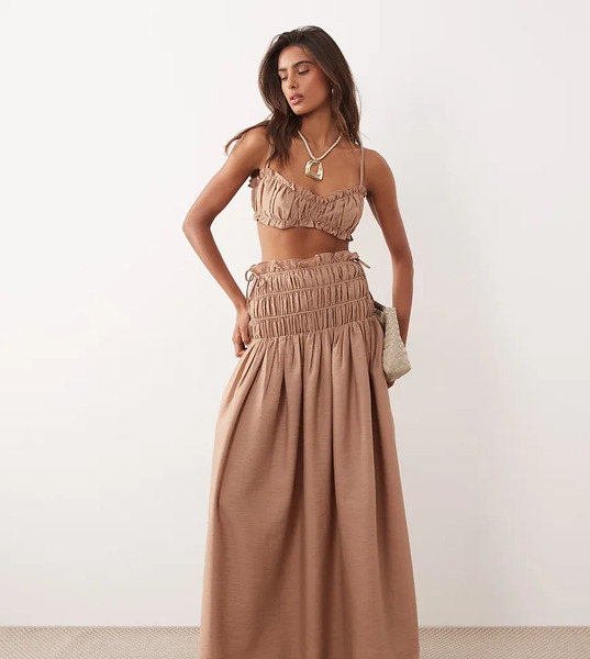  Wanderdoll Soulie Linen Look Shirred Dropped Waist Tie Detail Maxi Skirt In Mocha - Part Of A Set-brown 