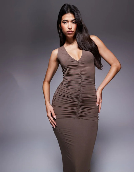  Wanderdoll Tate Sculpting Second Skin Plunge Neck Ruched Detail Sleeveless Maxi Dress In Soft Brown-gray 