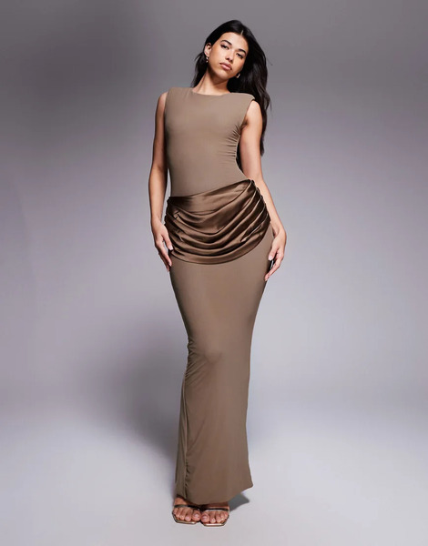 Wander Doll Eman Shoulder Pad Detail Sleeveless Slash Neck Satin Drape Waist Detail Bodycon Maxi Dress In Mocha Mousse-brown 