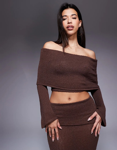  Wanderdoll Yasmin Off The Shoulder Boucle Knit Dramatic Foldover Flared Sleeve Top In Dark Chocolate - Part Of A Set-brown 