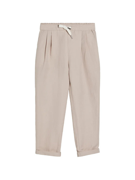  Brunello Cucinelli Kids Linen And Cotton Drill Trousers With Drawstring And Double Pleats - Neutrals 