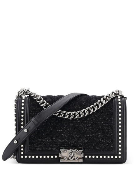  Chanel Pre-owned Boy Flap Bag Quilted Tweed With Pearl Embellished Calfskin Old Medium Shoulder Bag - Black 