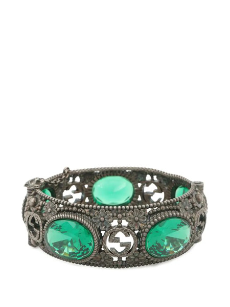  Gucci Pre-owned 2000-2015 Sterling Silver And Stone Interlocking G Flower Hinged Bangle Bracelet - Green 