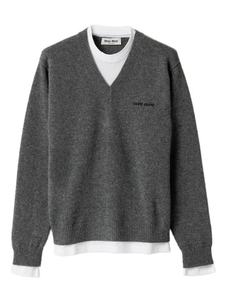  Miu Miu Intarsia-logo V-neck Sweater - Grey 