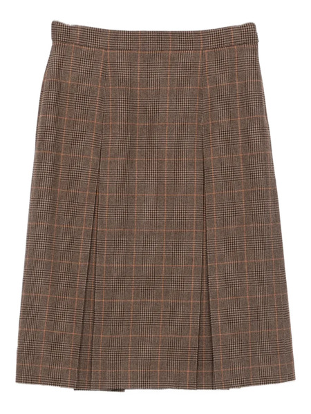  Saint Laurent Pleated Plaid Midi Skirt - Brown 