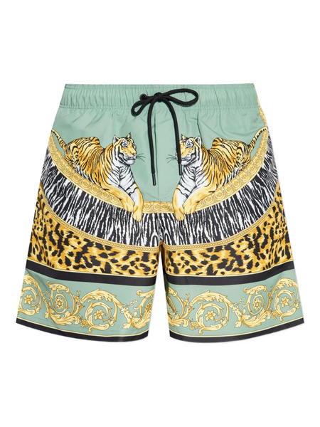  Versace Tiger-print Drawstring Swim Shorts - Green 