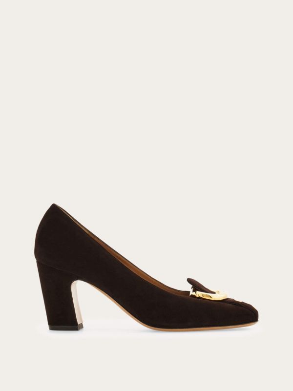  Ferragamo Women Gancini Block Heel Pump Brown Size 5 