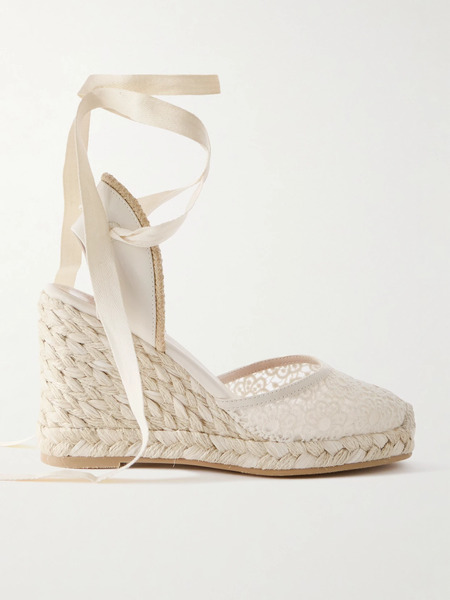  Stuart Weitzman - Marguerita Grosgrain-trimmed Leather And Crocheted Wedge Espadrilles - Ivory - Us6 